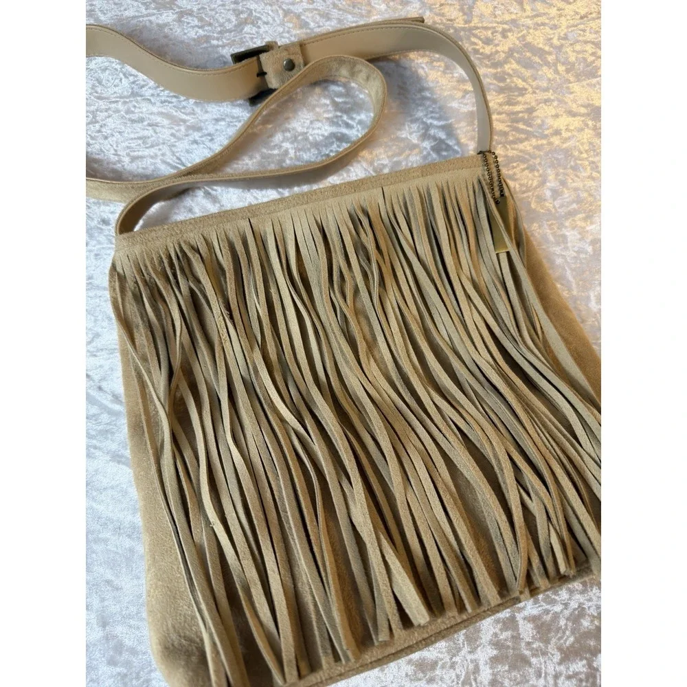 Charter Club Suede Leather Fringe Shoulder Bag Tan Boho Western Crossbody